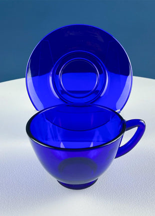 Cobalt Blue Cups Saucers with Matching Dessert Plates 6.5". Set of 6. Dark Blue Modern Glassware. Tea Coffee Service.