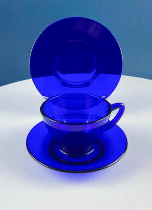Cobalt Blue Cups Saucers with Matching Dessert Plates 6.5". Set of 6. Dark Blue Modern Glassware. Tea Coffee Service.