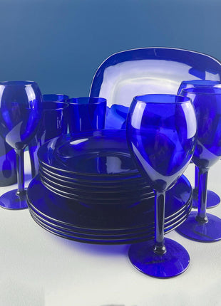 Cobalt Blue 19 Piece Dinner Dish Set. Dark Blue Modern Collectible Glassware. Fine Dining. Kitchen Dining Table Decor Serveware.