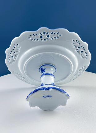 Pedestal Cake Dessert Stand. 10" Blue And White. Reticulated Scalloped Brim. Kitchen Dining Room Display. Modern Country.