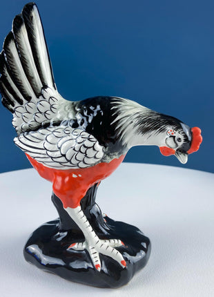 Vintage Chalkware Rooster & Hen. Black White Hand Painted Pair of Bird Figurines. Collectible Statuettes. Modern Country.