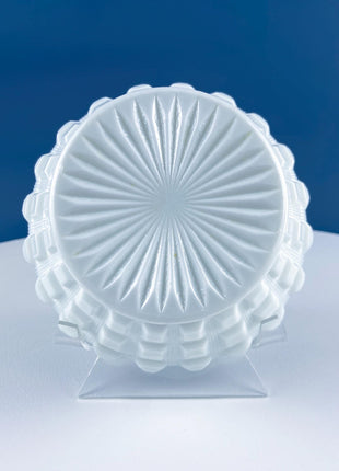 Vintage Jeanette Milk Glass Serving Bowl & Matching Underplate. "Cube" (Cubist) Pattern Mayonnaise Bowl. Home Dining Kitchen Table Decor.