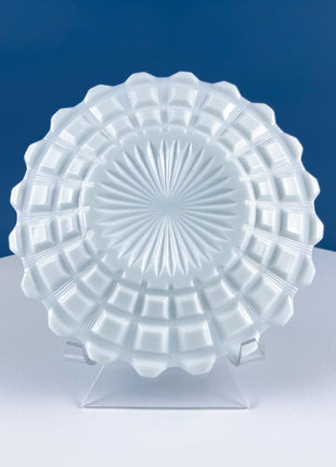 Vintage Jeanette Milk Glass Serving Bowl & Matching Underplate. "Cube" (Cubist) Pattern Mayonnaise Bowl. Home Dining Kitchen Table Decor.