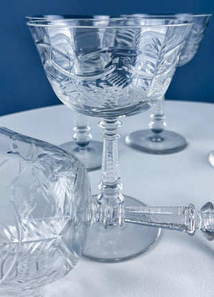Antique Fostoria Crystal Chintz Champagne Glasses. Set of Five Stemware with Etched Wild Roses. Home Dining Table Decor.