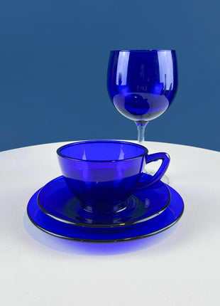 Cobalt Blue Cups Saucers with Matching Dessert Plates 6.5". Set of 6. Dark Blue Modern Glassware. Tea Coffee Service.