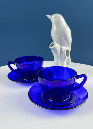 Cobalt Blue Cups Saucers with Matching Dessert Plates 6.5". Set of 6. Dark Blue Modern Glassware. Tea Coffee Service.