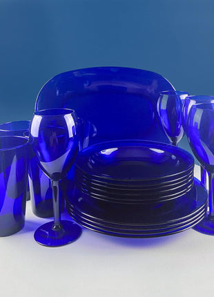 Cobalt Blue 19 Piece Dinner Dish Set. Dark Blue Modern Collectible Glassware. Fine Dining. Kitchen Dining Table Decor Serveware.