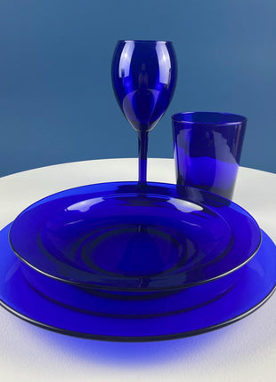 Cobalt Blue 19 Piece Dinner Dish Set. Dark Blue Modern Collectible Glassware. Fine Dining. Kitchen Dining Table Decor Serveware.
