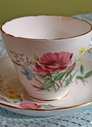 Vintage Grosvenor Teacup & Saucer. Lilies of the Valley and Forget Me Nots Floral Motif. Home Kitchen Dining Room Decor. Modern Country.