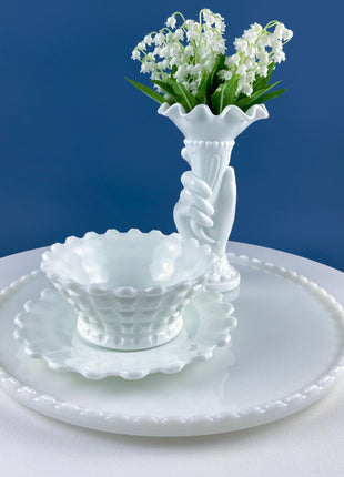 Vintage Jeanette Milk Glass Serving Bowl & Matching Underplate. "Cube" (Cubist) Pattern Mayonnaise Bowl. Home Dining Kitchen Table Decor.