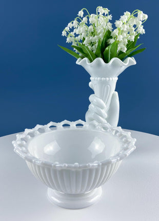Vintage Milk Glass Serving Bowl with Fluted Sides and Reticulated Edge. White Dish with Lacey Edge. Home Kitchen Dining Table Decor.