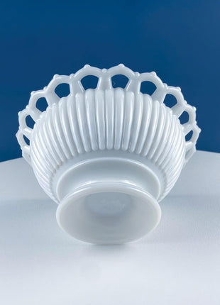 Vintage Milk Glass Serving Bowl with Fluted Sides and Reticulated Edge. White Dish with Lacey Edge. Home Kitchen Dining Table Decor.