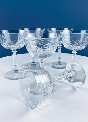 Antique Fostoria Crystal Chintz Champagne Glasses. Set of Five Stemware with Etched Wild Roses. Home Dining Table Decor.