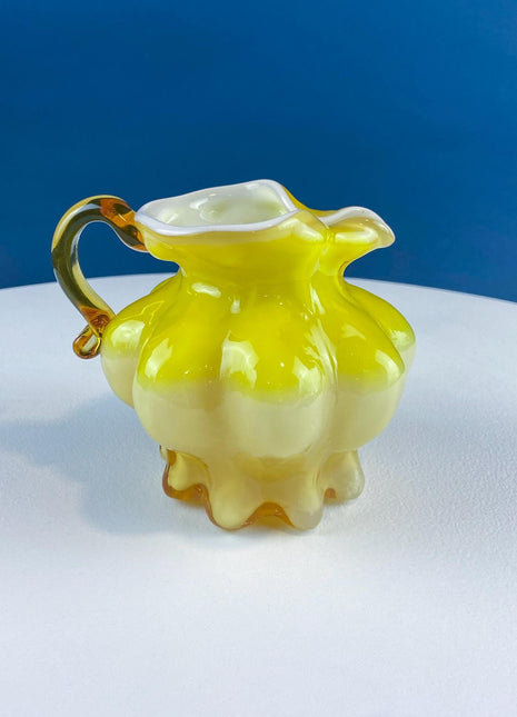 Vintage Kanawha Yellow Cased Glass Pitcher Creamer Vase. Hand Blown Melon Shape Ruffled Brim. Home Kitchen Table Decor.