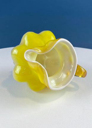 Vintage Kanawha Yellow Cased Glass Pitcher Creamer Vase. Hand Blown Melon Shape Ruffled Brim. Home Kitchen Table Decor.