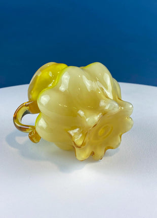 Vintage Kanawha Yellow Cased Glass Pitcher Creamer Vase. Hand Blown Melon Shape Ruffled Brim. Home Kitchen Table Decor.