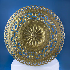 Round Brass Vintage Tray Table Top Wall Art. Large Reticulated Lacey Ornate Hand Pounded Platter. Ethnic Home Decor.
