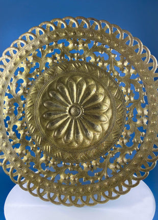 Round Brass Vintage Tray Table Top Wall Art. Large Reticulated Lacey Ornate Hand Pounded Platter. Ethnic Home Decor.