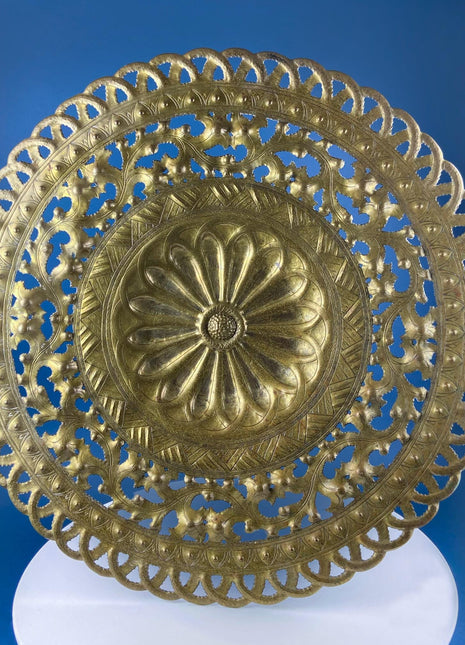 Round Brass Vintage Tray Table Top Wall Art. Large Reticulated Lacey Ornate Hand Pounded Platter. Ethnic Home Decor.