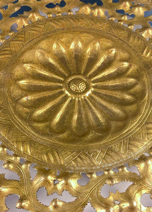Round Brass Vintage Tray Table Top Wall Art. Large Reticulated Lacey Ornate Hand Pounded Platter. Ethnic Home Decor.
