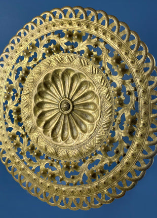 Round Brass Vintage Tray Table Top Wall Art. Large Reticulated Lacey Ornate Hand Pounded Platter. Ethnic Home Decor.