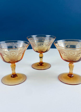 Vintage Fostoria Vesper Amber Pattern. Low Sherbet or Champagne Coupe. Depression Glass. Set of 4. Dining Room Table Decor.
