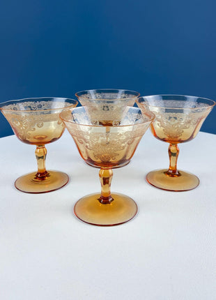 Vintage Fostoria Vesper Amber Pattern. Low Sherbet or Champagne Coupe. Depression Glass. Set of 4. Dining Room Table Decor.