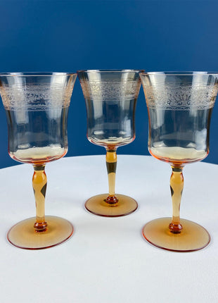 Vintage Fostoria Seville Pattern Royal Amber Wine Water Goblets. Set of 5. Dining Room Table Decor. Barware.