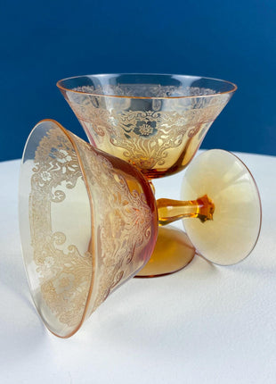 Vintage Fostoria Seville Pattern Royal Amber Wine Water Goblets. Set of 5. Dining Room Table Decor. Barware.