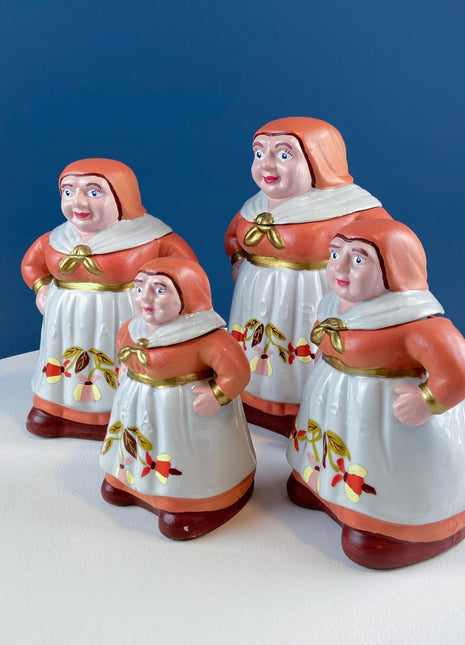 Vintage Ceramic Canisters or Jars. Hand-Painted Dutch Women Floral Aprons. Set of 4. Kitchen Decor.