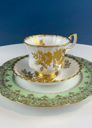 Vintage White & Gold Cup and Saucer. Hand Painted Golden Rose. Tuscan English Fine Bone China. Hosting Necessities. Tea Party. Collectibles.