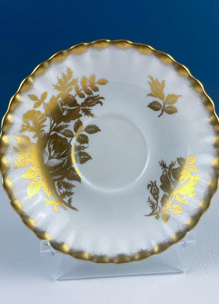 Vintage White & Gold Cup and Saucer. Hand Painted Golden Rose. Tuscan English Fine Bone China. Hosting Necessities. Tea Party. Collectibles.