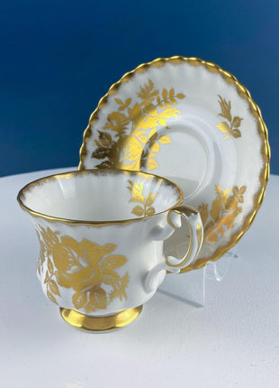 Vintage White & Gold Cup and Saucer. Hand Painted Golden Rose. Tuscan English Fine Bone China. Hosting Necessities. Tea Party. Collectibles.