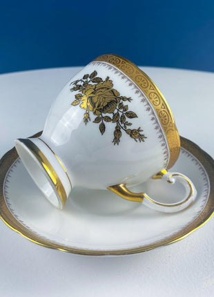 Vintage White & Gold Cup and Saucer. Hand Painted Golden Rose. Tuscan English Fine Bone China. Hosting Necessities. Tea Party. Collectibles.