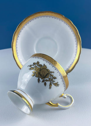 Vintage White & Gold Cup and Saucer. Hand Painted Golden Rose. Tuscan English Fine Bone China. Hosting Necessities. Tea Party. Collectibles.