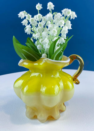 Vintage Kanawha Yellow Cased Glass Pitcher Creamer Vase. Hand Blown Melon Shape Ruffled Brim. Home Kitchen Table Decor.