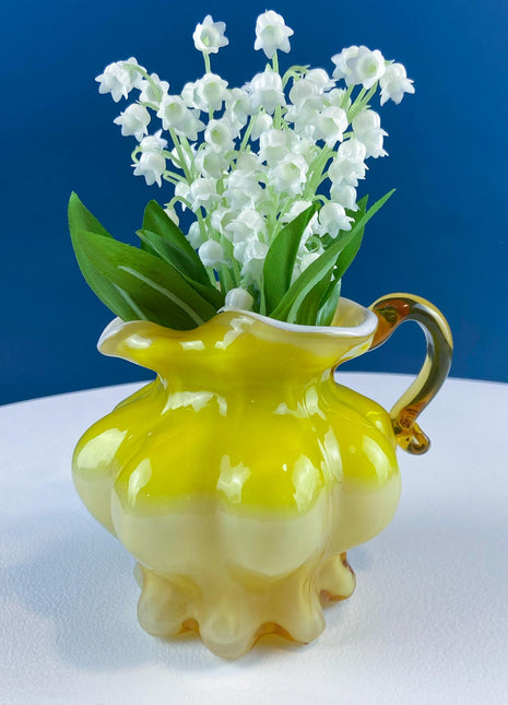 Vintage Kanawha Yellow Cased Glass Pitcher Creamer Vase. Hand Blown Melon Shape Ruffled Brim. Home Kitchen Table Decor.