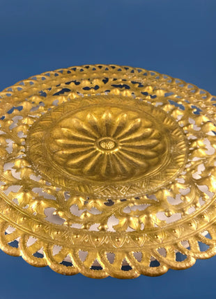 Round Brass Vintage Tray Table Top Wall Art. Large Reticulated Lacey Ornate Hand Pounded Platter. Ethnic Home Decor.