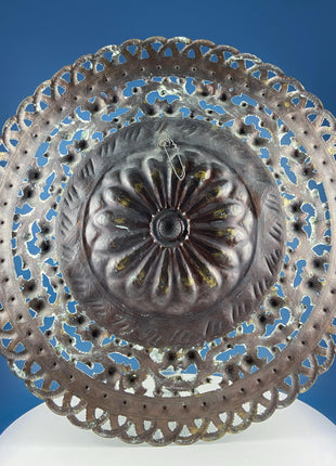 Round Brass Vintage Tray Table Top Wall Art. Large Reticulated Lacey Ornate Hand Pounded Platter. Ethnic Home Decor.
