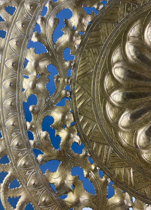 Round Brass Vintage Tray Table Top Wall Art. Large Reticulated Lacey Ornate Hand Pounded Platter. Ethnic Home Decor.