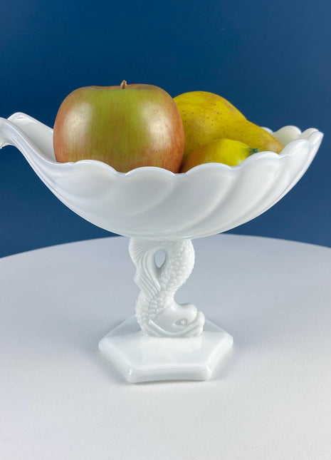 Vintage Westmoreland Milk Glass Shell Compote Dolphin Fish Base. Mid-Century Fruit Footed Bowl. Oval Pedestal. Kitchen Dining Table Decor.