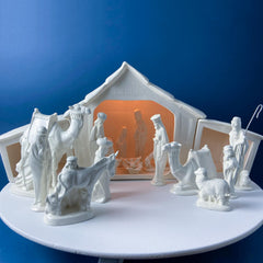 White Atlantic Mold Ceramic Nativity Set. 16 Figurines. Illuminated 3 Piece Manger. Traditional Christmas Decoration. Seasonal Display.