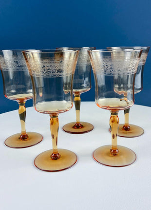 Vintage Fostoria Vesper Amber Pattern. Low Sherbet or Champagne Coupe. Depression Glass. Set of 4. Dining Room Table Decor.