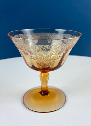 Vintage Fostoria Vesper Amber Pattern. Low Sherbet or Champagne Coupe. Depression Glass. Set of 4. Dining Room Table Decor.
