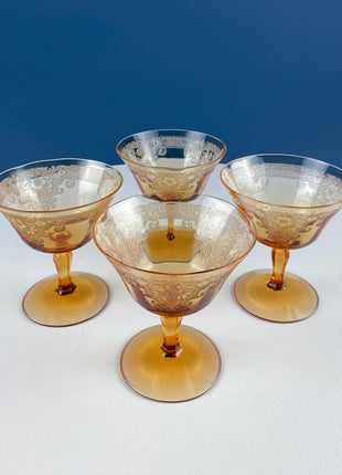 Vintage Fostoria Vesper Amber Pattern. Low Sherbet or Champagne Coupe. Depression Glass. Set of 4. Dining Room Table Decor.