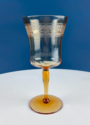 Vintage Fostoria Seville Pattern Royal Amber Wine Water Goblets. Set of 5. Dining Room Table Decor. Barware.