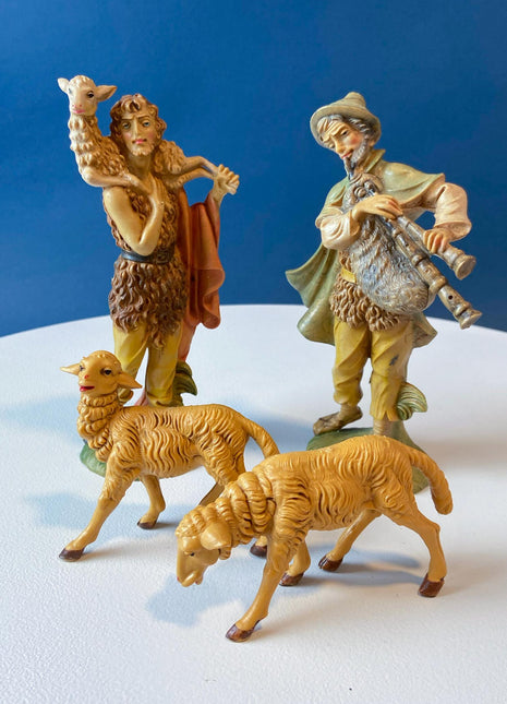 Fontanini Nativity Figurines. Shepherd, 2 Sheep, Bag Pipe Player Musician. 7.5 " Tall. Home Church Christmas Decor. Seasonal Decor.