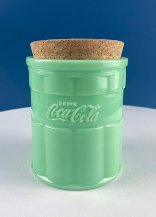 Jadeite Coca-Cola Canister with Cork Lid. Green Kitchen Dining Table Decor. Storage Container. Cookie Jar.