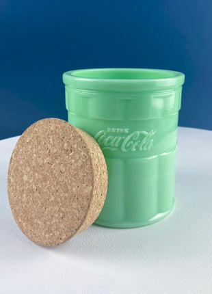Jadeite Coca-Cola Canister with Cork Lid. Green Kitchen Dining Table Decor. Storage Container. Cookie Jar.