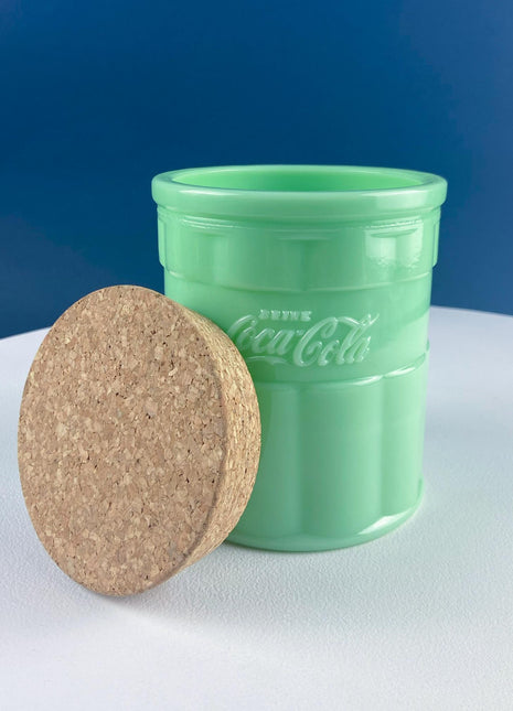 Jadeite Coca-Cola Canister with Cork Lid. Green Kitchen Dining Table Decor. Storage Container. Cookie Jar.